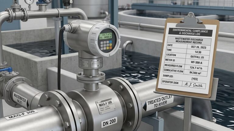 Ilustrasi konseptual 3D instrumen flowmeter air limbah industri dan papan klip kepatuhan regulasi lingkungan.