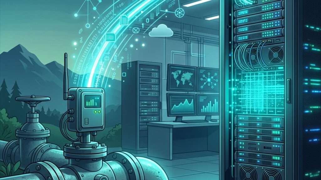 Ilustrasi konseptual telemetri lingkungan: jalur transmisi data menyala dari saluran pembuangan air industri menuju rak server pemerintah.