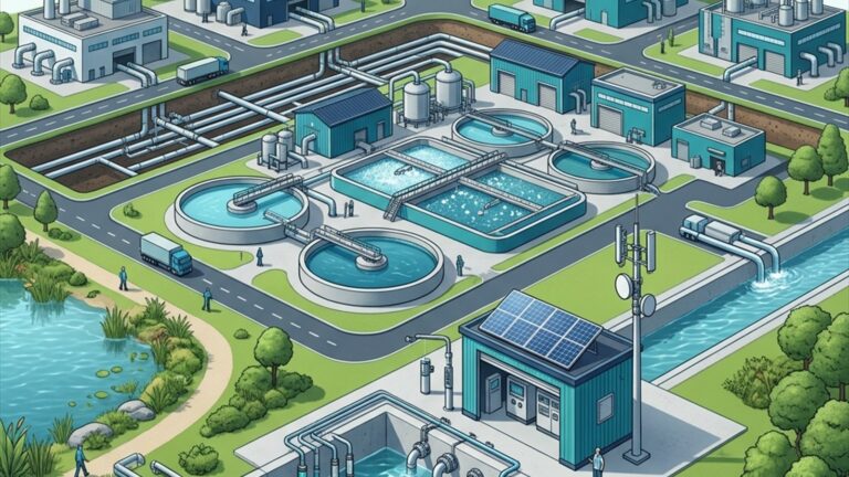 Ilustrasi konseptual stasiun pemantauan SPARING pada saluran outfall IPAL terpadu kawasan industri dengan latar belakang pabrik tenant.